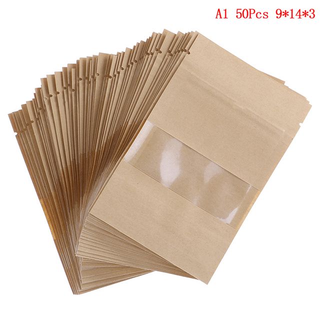 50pcs Zipper Grip Seal Packaging Brown Stand Up Kraft Paper