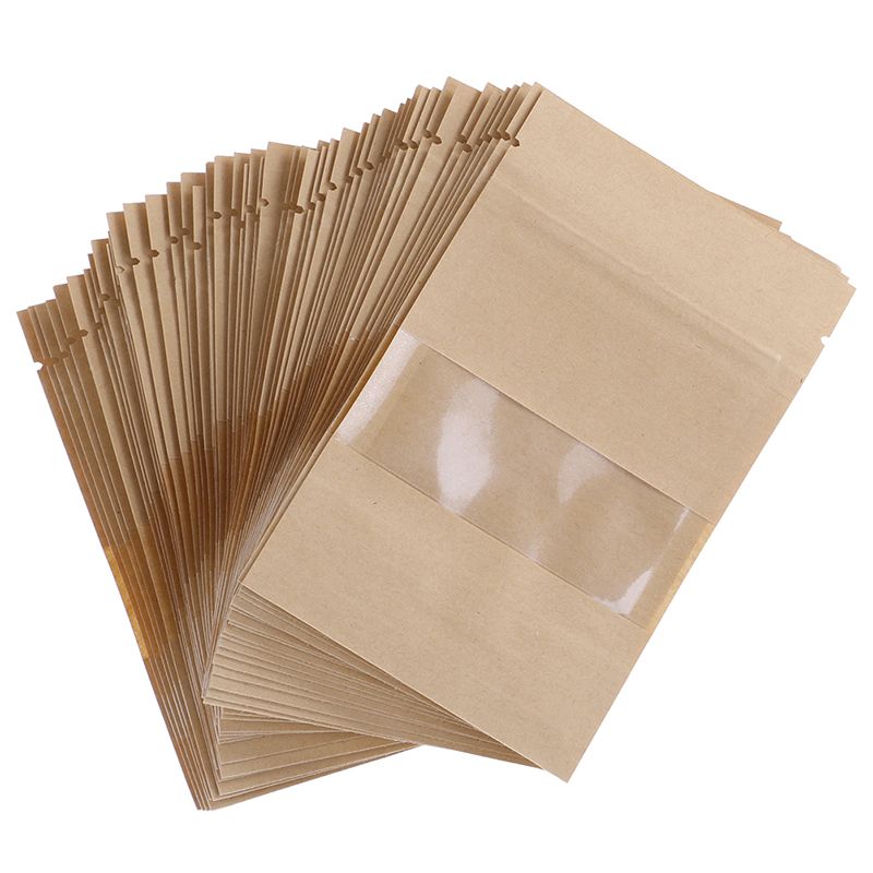 50pcs Zipper Grip Seal Packaging Brown Stand Up Kraft Paper