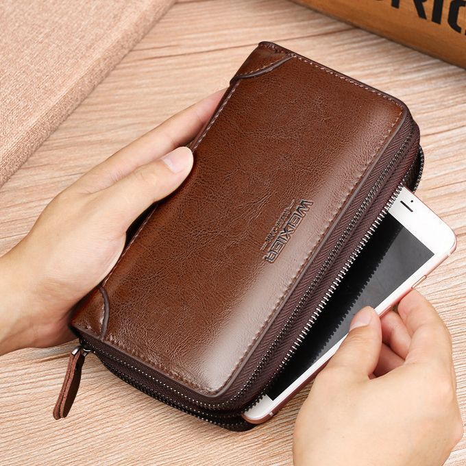 Men's Leather Wallet Large Capacity Purse Men's Clip Bag Card Bag-Brown
