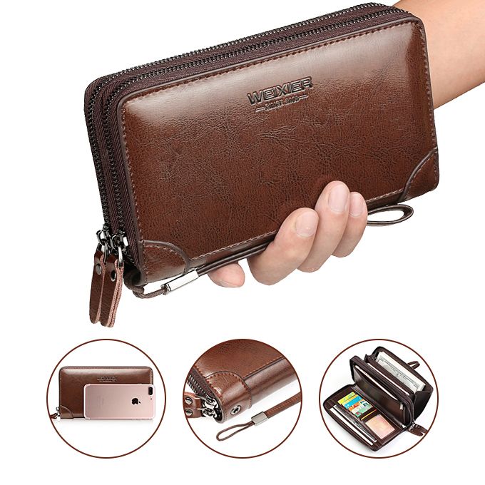 Men's Leather Wallet Large Capacity Purse Men's Clip Bag Card Bag-Brown