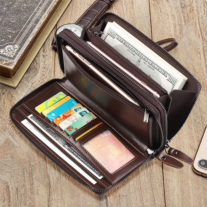 Men's Leather Wallet Large Capacity Purse Men's Clip Bag Card Bag-Brown