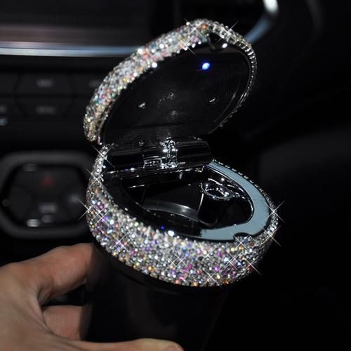 Rhinestone Portable Car Ashtray With Led Light Crystal Diamond Car Ash Tray Ashtray Storage Cup Holder For Girls Car Accessories