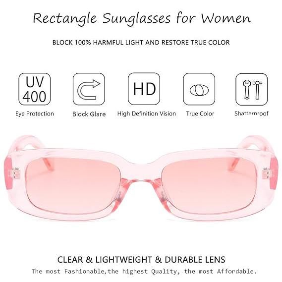 Retro Women Rectangle Sunglasses Narrow Square Frame Driving Glasses UV400 Protection (Pink)