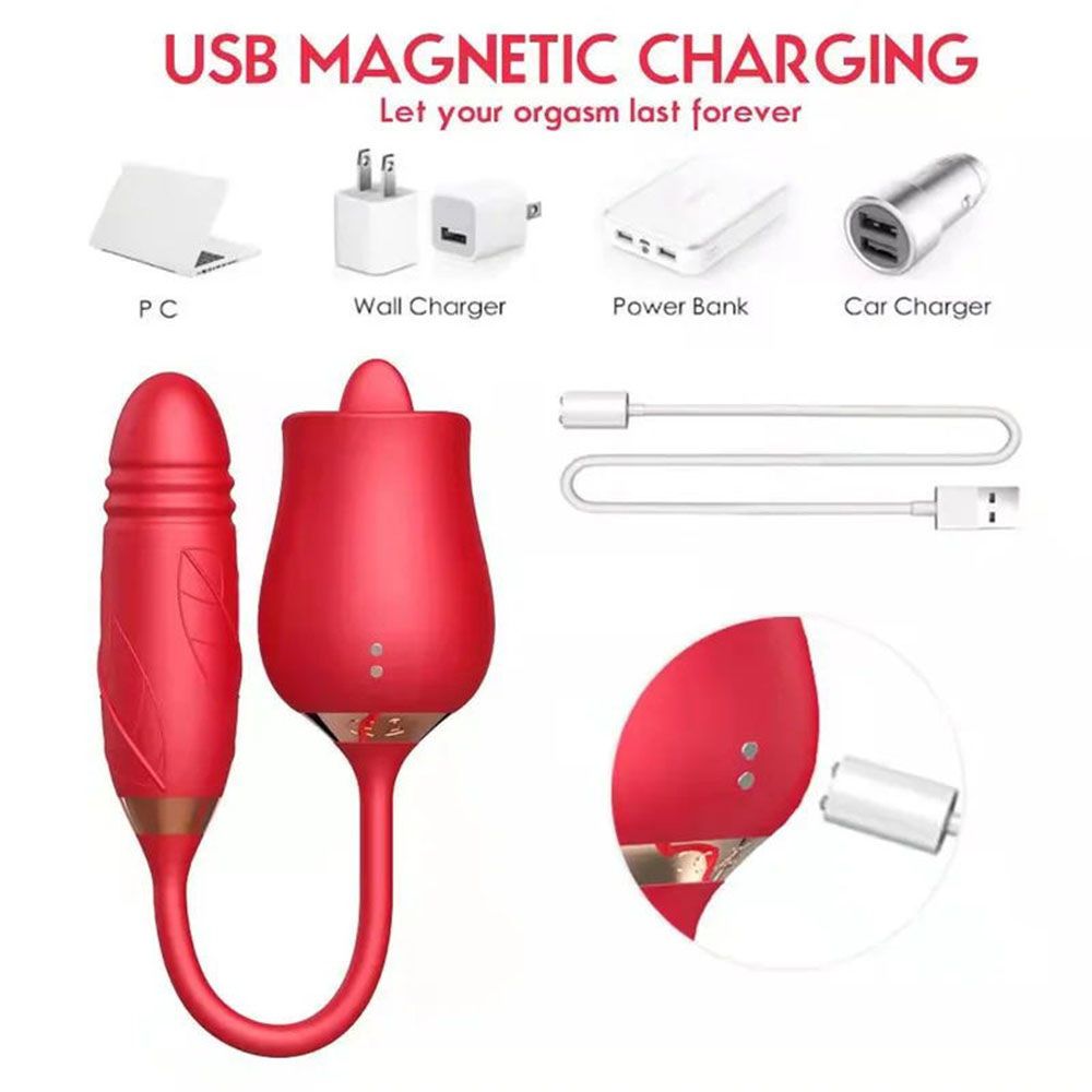 USB Charging Two-in-one Automatic Retractable Powerful Clitoral Stimulator Libido Toy Rose Vibrator