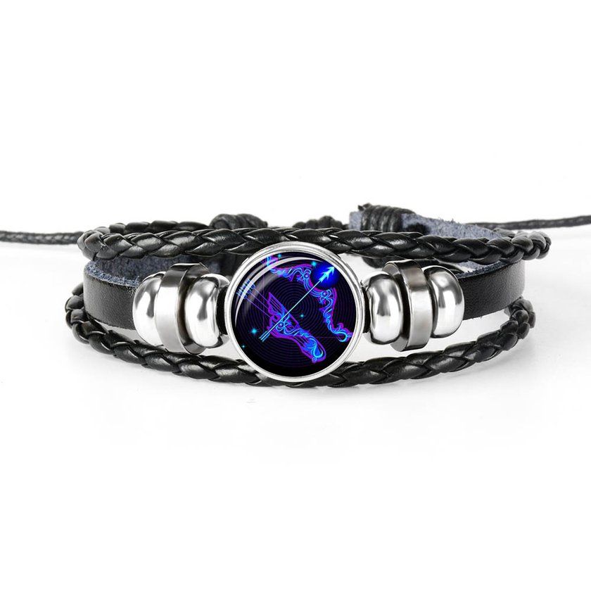 Men Women 12  Onstellation Leather Bra Elet Hand-woven Wristband Jewelry Gifts-bla K & Blue-Sagittarius
