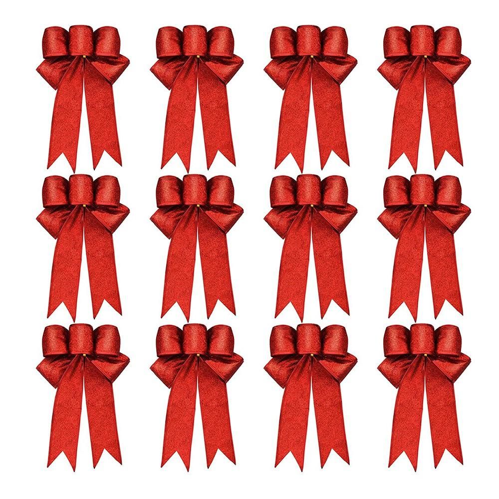 12 Pcs Glitter Christmas Bows Christmas Wreath Bow Christmas Tree Ornaments Bows for Christmas Party Decoration (Red)