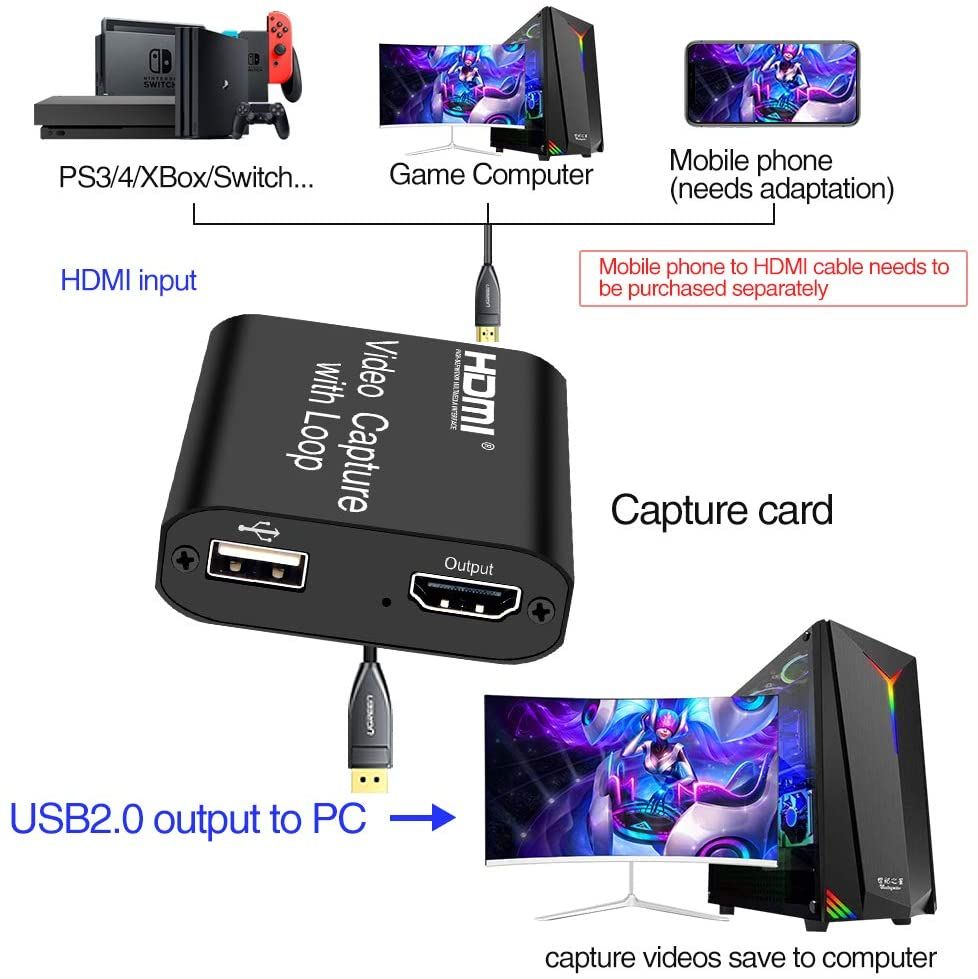 Video HDMI Capture Card With Loop Out, 4K HD 1080P 60FPS
