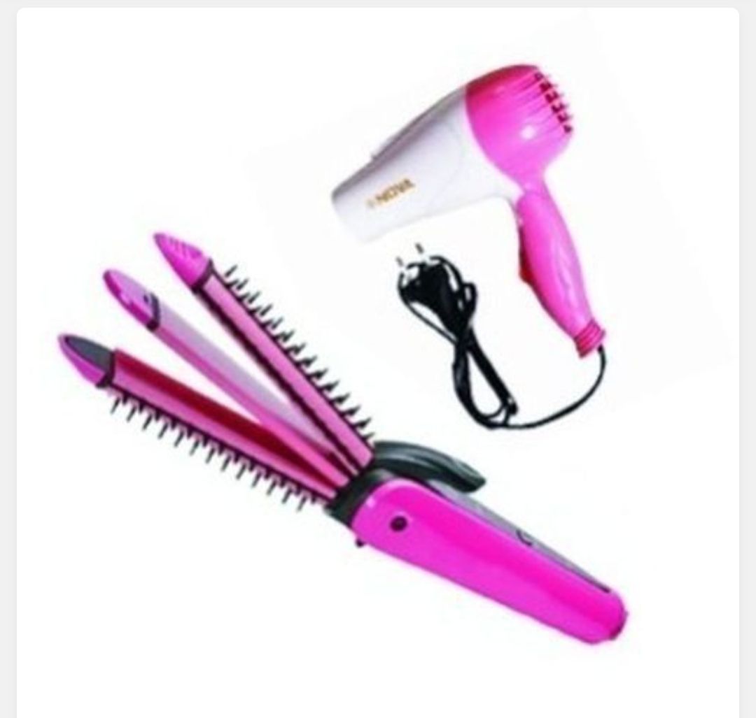 3 In 1 Hair Curler, Straightener Set + Foldable Hair Dryer