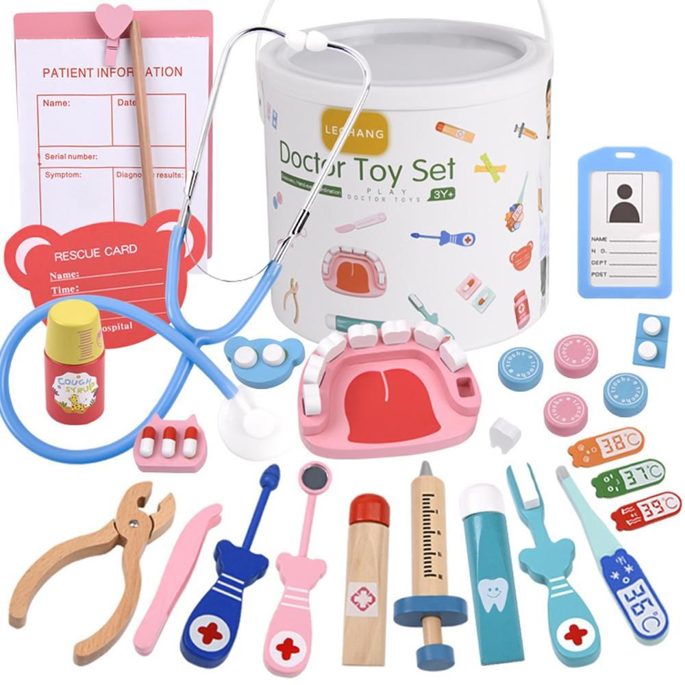 Kids Realistic Doctor Kit Pretend Play Wooden Toy Set with Stethoscope Thermometer Tooth Model Toothbrush Toothpaste Dental Probe Dental Mirror Storage Bucket for Toddlers Boys Girls