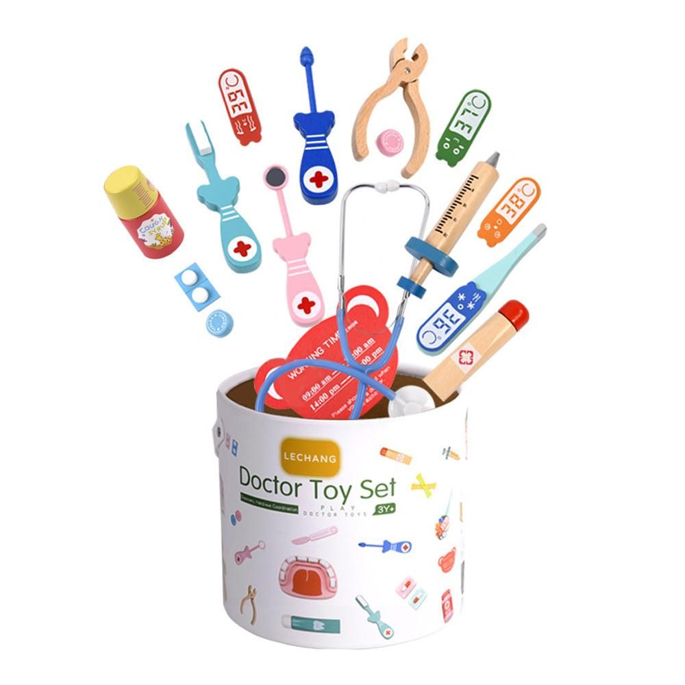 Kids Realistic Doctor Kit Pretend Play Wooden Toy Set with Stethoscope Thermometer Tooth Model Toothbrush Toothpaste Dental Probe Dental Mirror Storage Bucket for Toddlers Boys Girls
