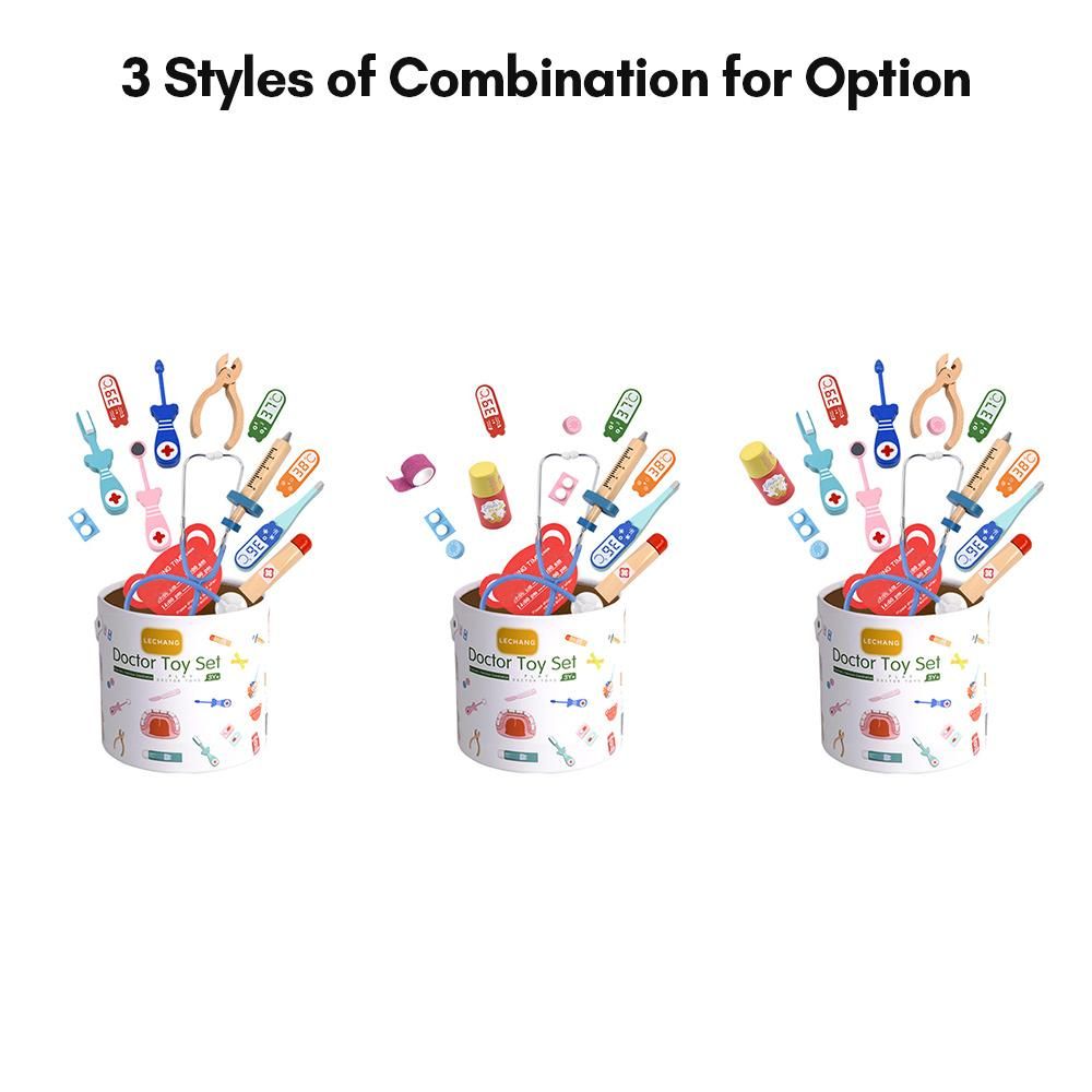 Kids Realistic Doctor Kit Pretend Play Wooden Toy Set with Stethoscope Thermometer Tooth Model Toothbrush Toothpaste Dental Probe Dental Mirror Storage Bucket for Toddlers Boys Girls