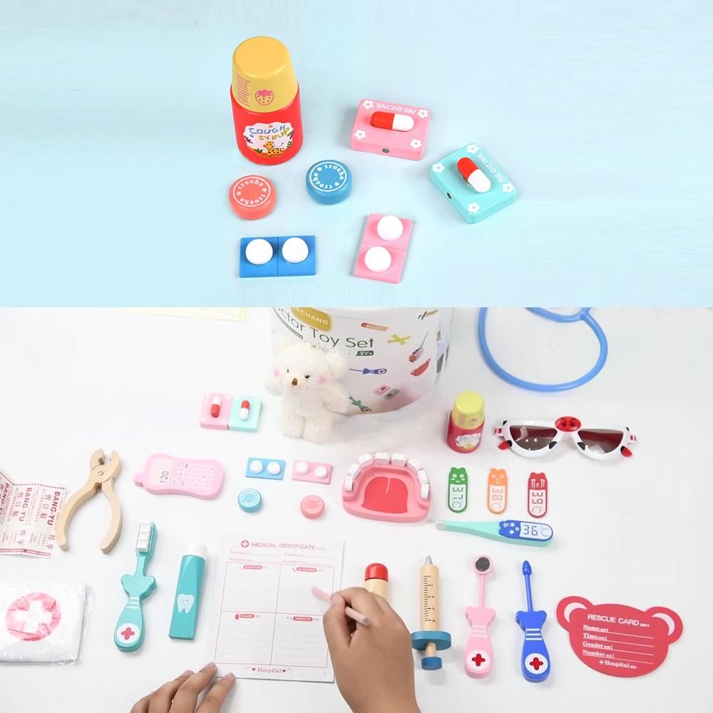 Kids Realistic Doctor Kit Pretend Play Wooden Toy Set with Stethoscope Thermometer Tooth Model Toothbrush Toothpaste Dental Probe Dental Mirror Storage Bucket for Toddlers Boys Girls