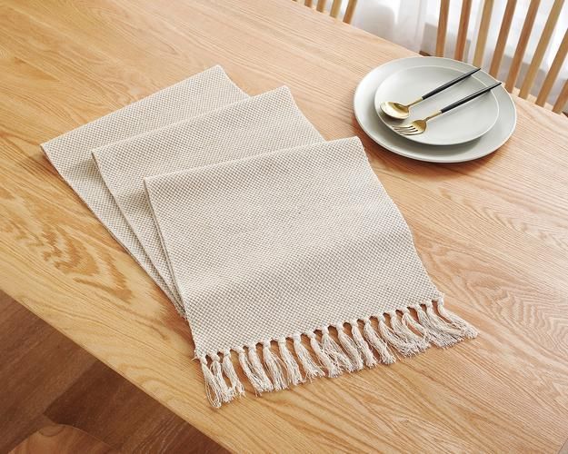 Cotton Linen Table Runner With Handmade Fringe, Rustic Woven Jute Village Dining Room Table Runners Burlap Decor