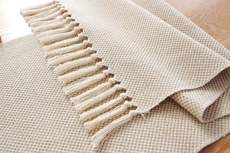 Cotton Linen Table Runner With Handmade Fringe, Rustic Woven Jute Village Dining Room Table Runners Burlap Decor