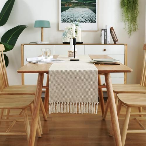Cotton Linen Table Runner With Handmade Fringe, Rustic Woven Jute Village Dining Room Table Runners Burlap Decor