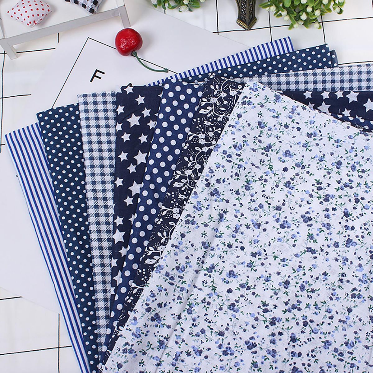 7Pcs Sewing Fabric Stylish Soft Plain Cloth Floral Cotton Cloth DIY Accessory for Handmade Cloth Bags Cloth Handkerchief Arts Crafts-Navy Blue