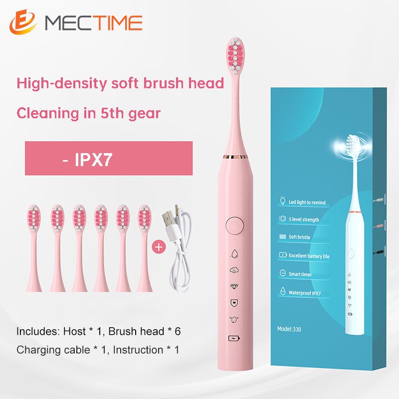 Five-Speed Electric Toothbrush With Six Brush Heads- Pink