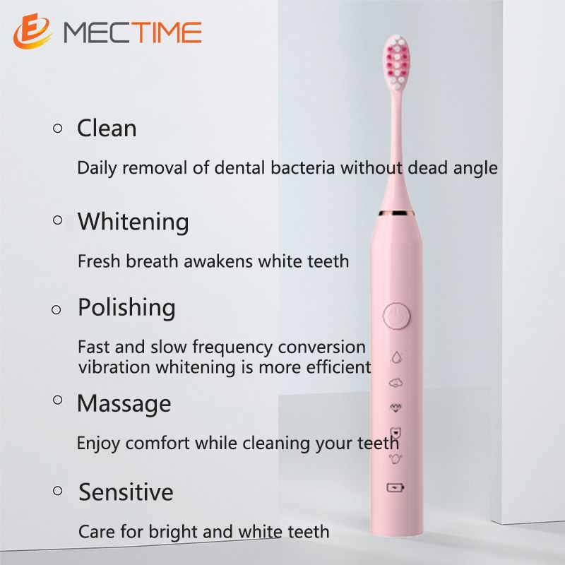 Five-Speed Electric Toothbrush With Six Brush Heads- Pink