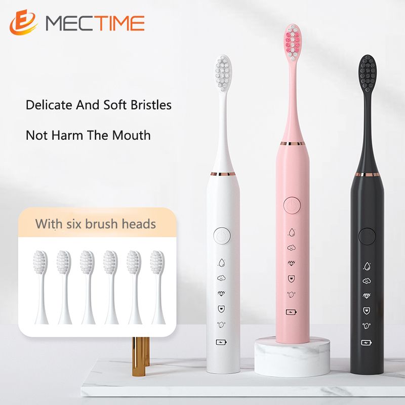 Five-Speed Electric Toothbrush With Six Brush Heads- Pink