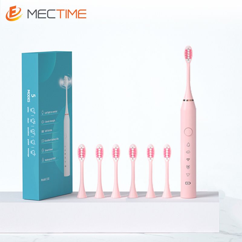 Five-Speed Electric Toothbrush With Six Brush Heads- Pink