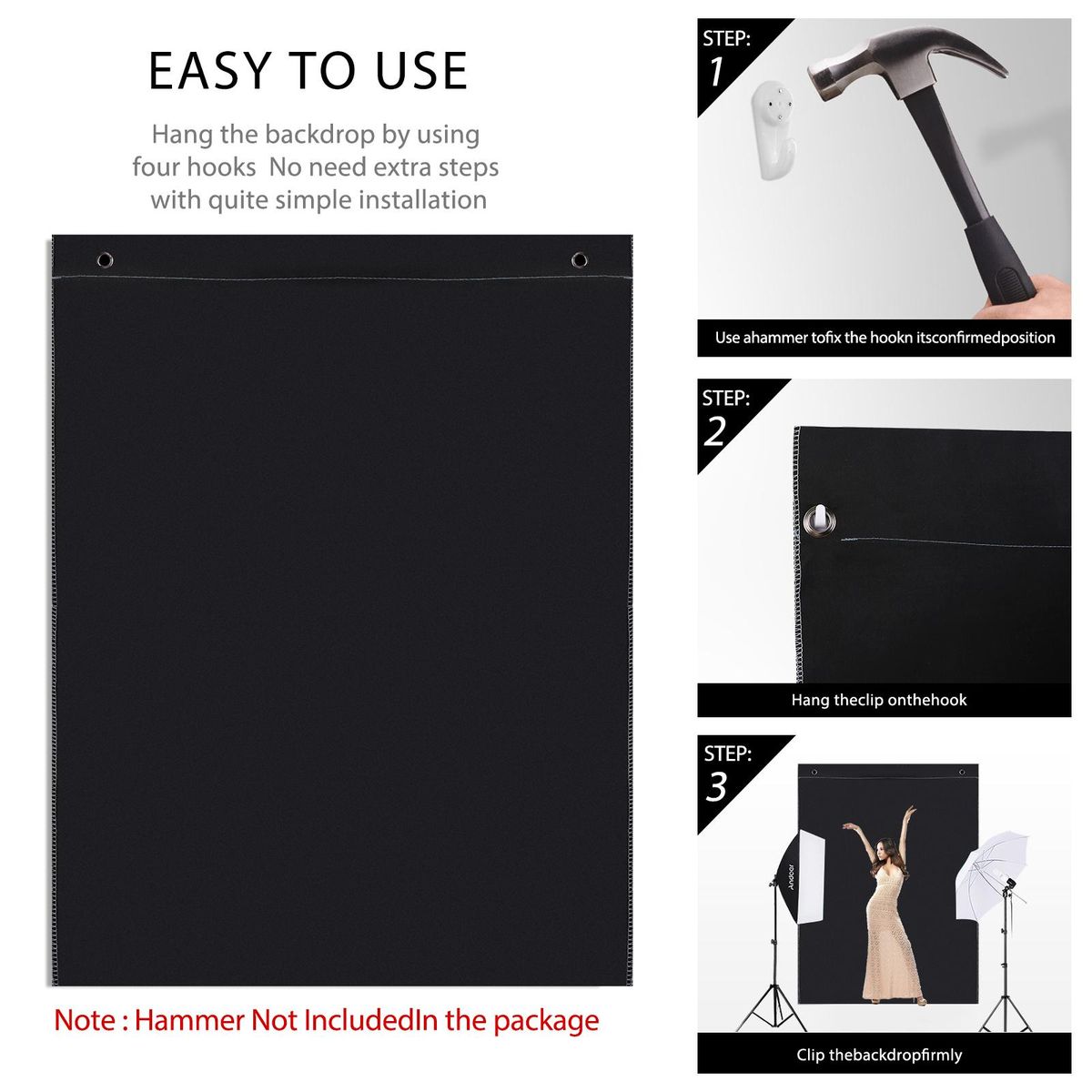 Andoer 1.5 * 2M/ 5 * 7ft Bi-Color Backdrop Washable Background Screen Polyester Cotton Material Hanging Loops Design with 4pcs Hooks for Video Photography Gaming Live Streaming, Black & White 2-in-1