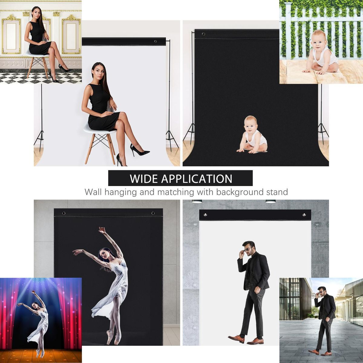 Andoer 1.5 * 2M/ 5 * 7ft Bi-Color Backdrop Washable Background Screen Polyester Cotton Material Hanging Loops Design with 4pcs Hooks for Video Photography Gaming Live Streaming, Black & White 2-in-1