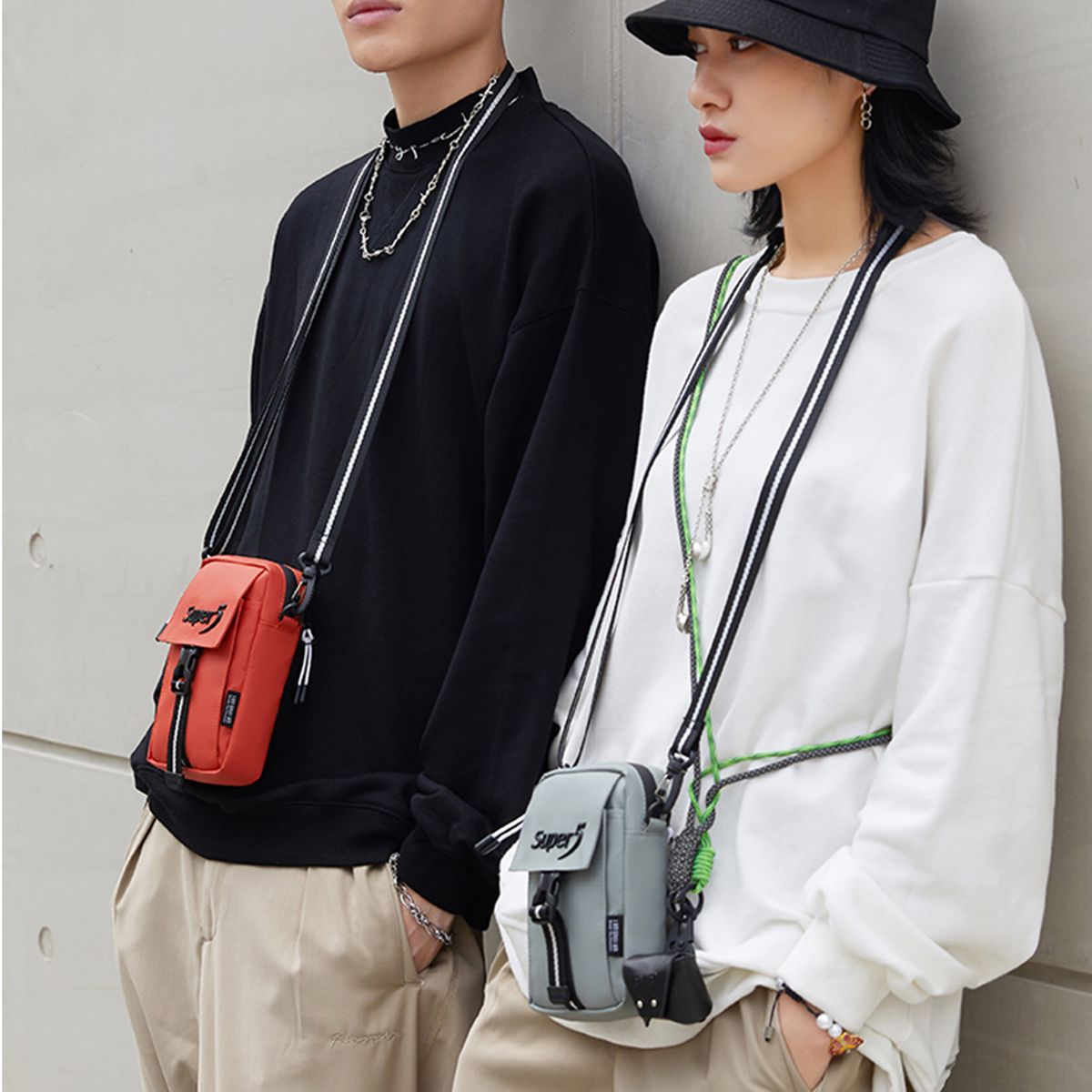 Women Men Mini Crossbody Bag With Pocket Letter Stripe