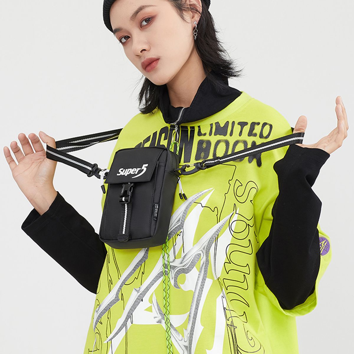 Women Men Mini Crossbody Bag With Pocket Letter Stripe