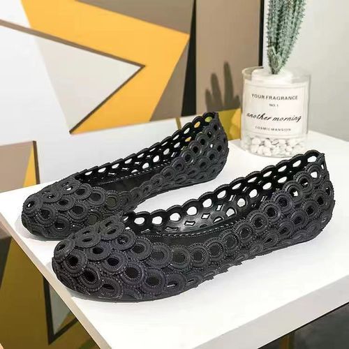 Rain Boots Women Shallow Low Top Flat Bottom Hollow Sandals Shoes Black