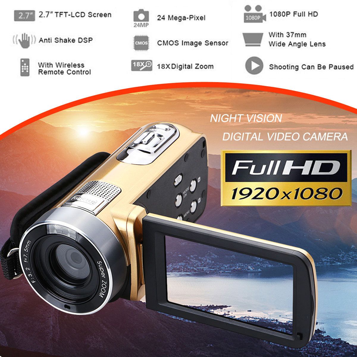 24MP HD 1080P 18X 3.0" Digital DV Camcorder Video Recorder Camera Infrared Night Gold