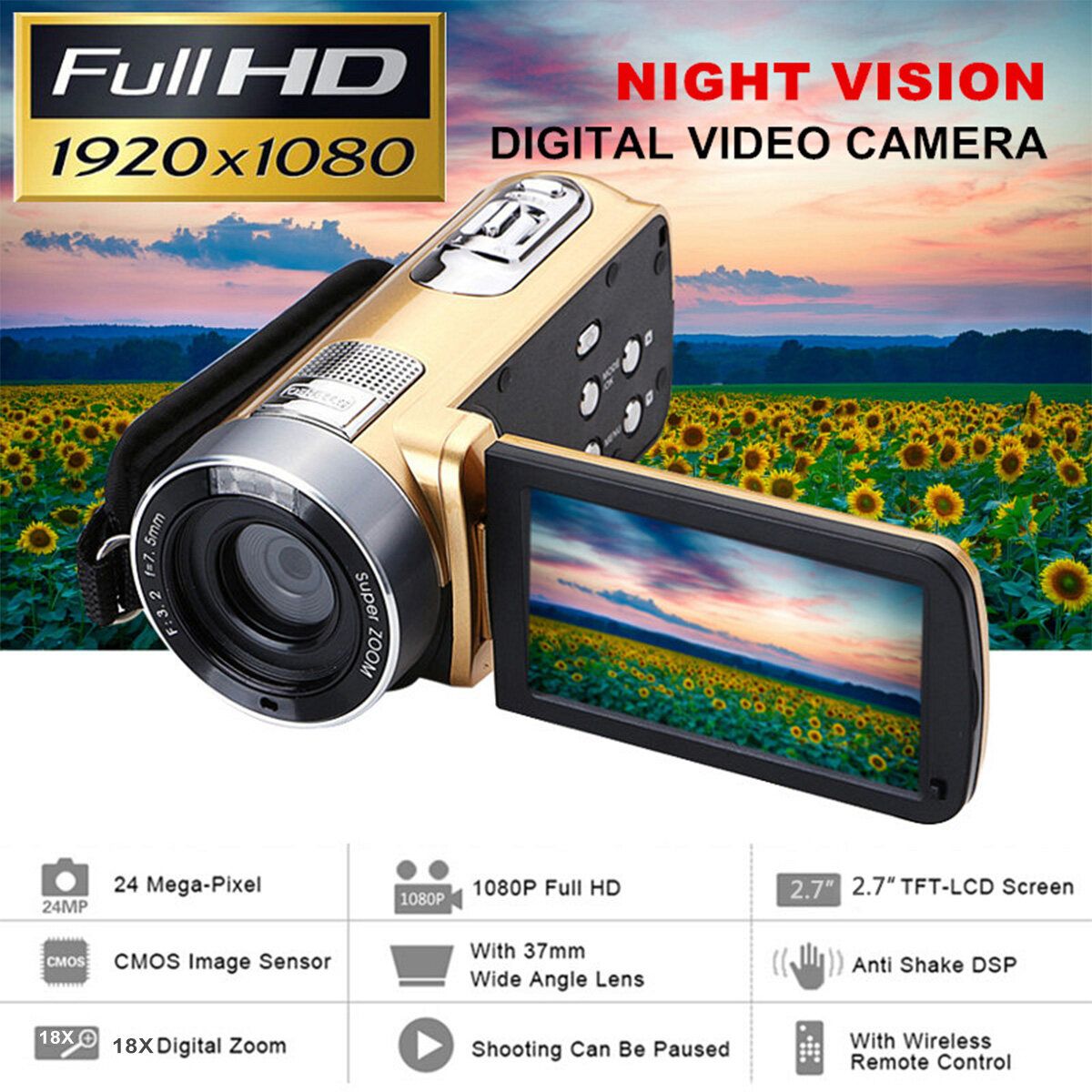 24MP HD 1080P 18X 3.0" Digital DV Camcorder Video Recorder Camera Infrared Night Gold