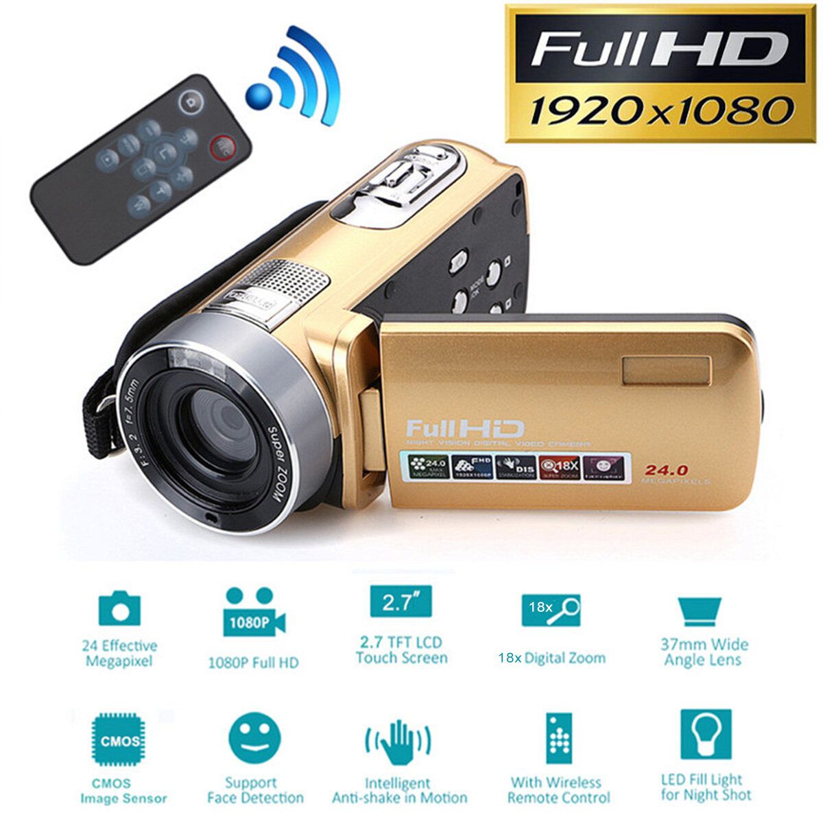 24MP HD 1080P 18X 3.0" Digital DV Camcorder Video Recorder Camera Infrared Night Gold
