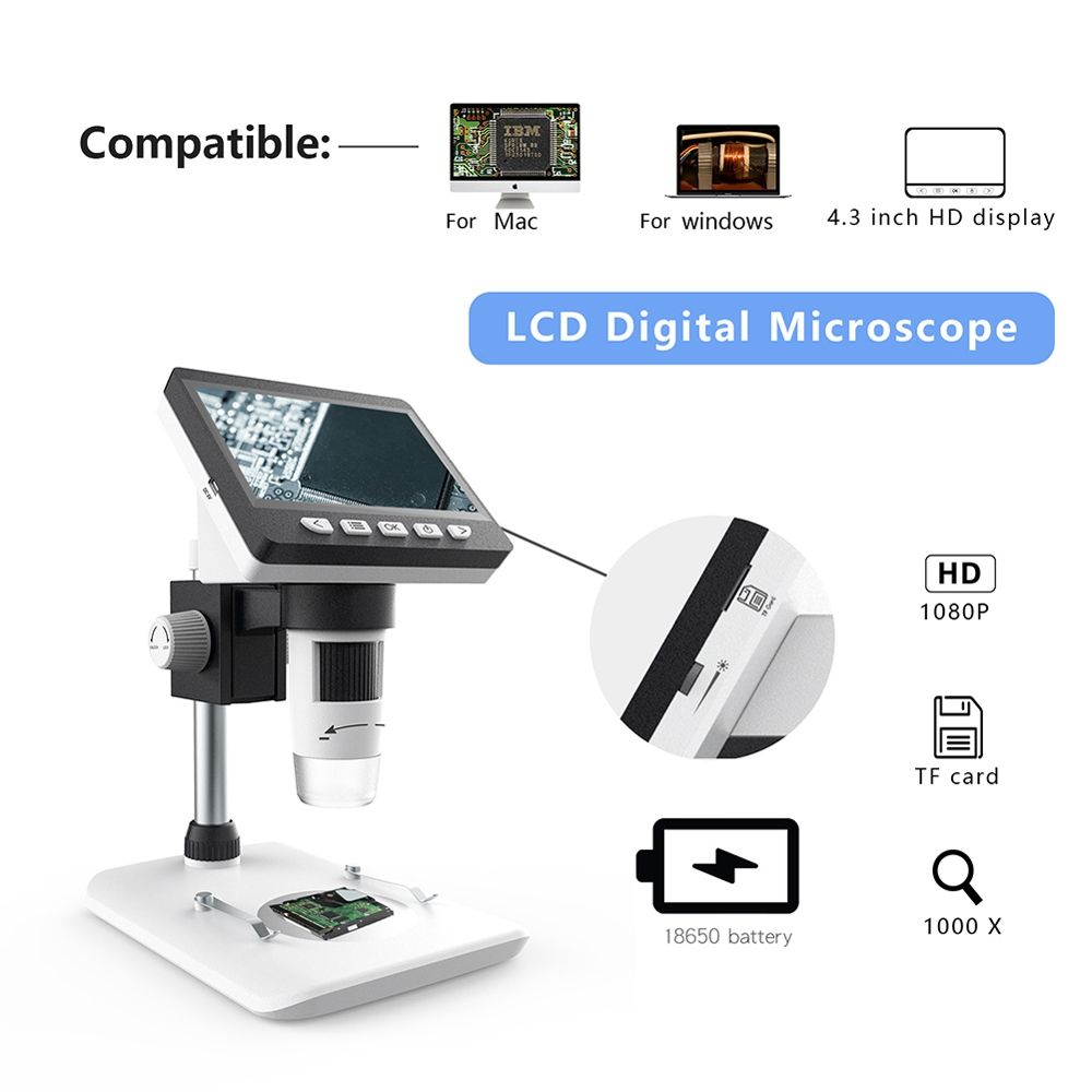 50X-1000X 1080P Portable Electronic Digital Desktop Microscope With LED Light, Support Micro SD Card (32GB Max) (White)