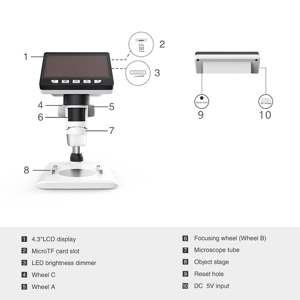 50X-1000X 1080P Portable Electronic Digital Desktop Microscope With LED Light, Support Micro SD Card (32GB Max) (White)