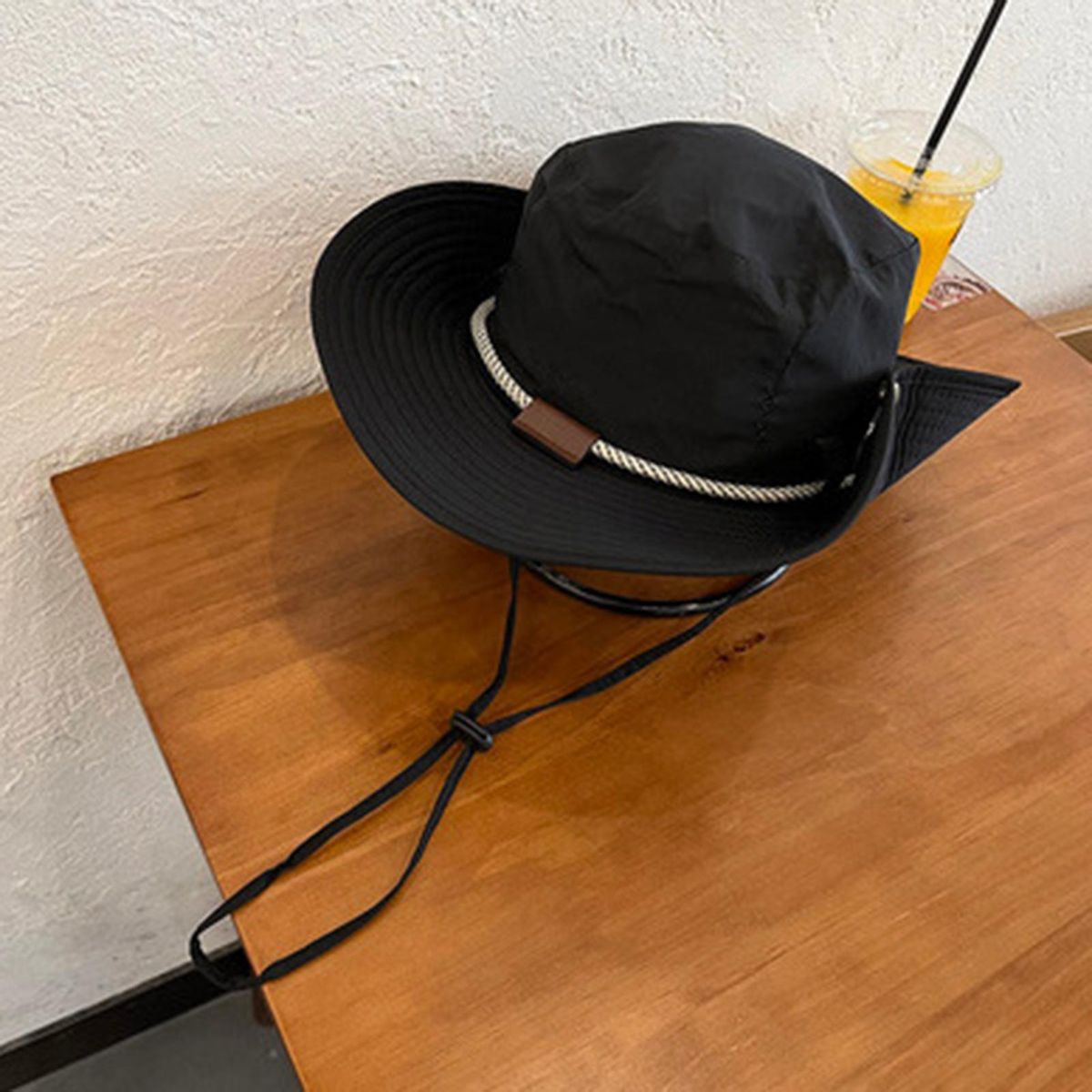 Sun Hat Japanese Style Wide Brim Drawstring Fishing Hat Black