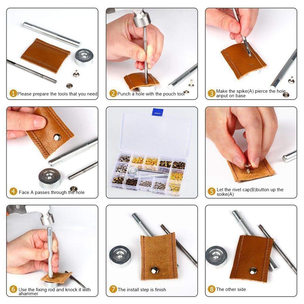 Leather Rivets Kit,360 Sets Double Cap Brass Rivets Leather Studs