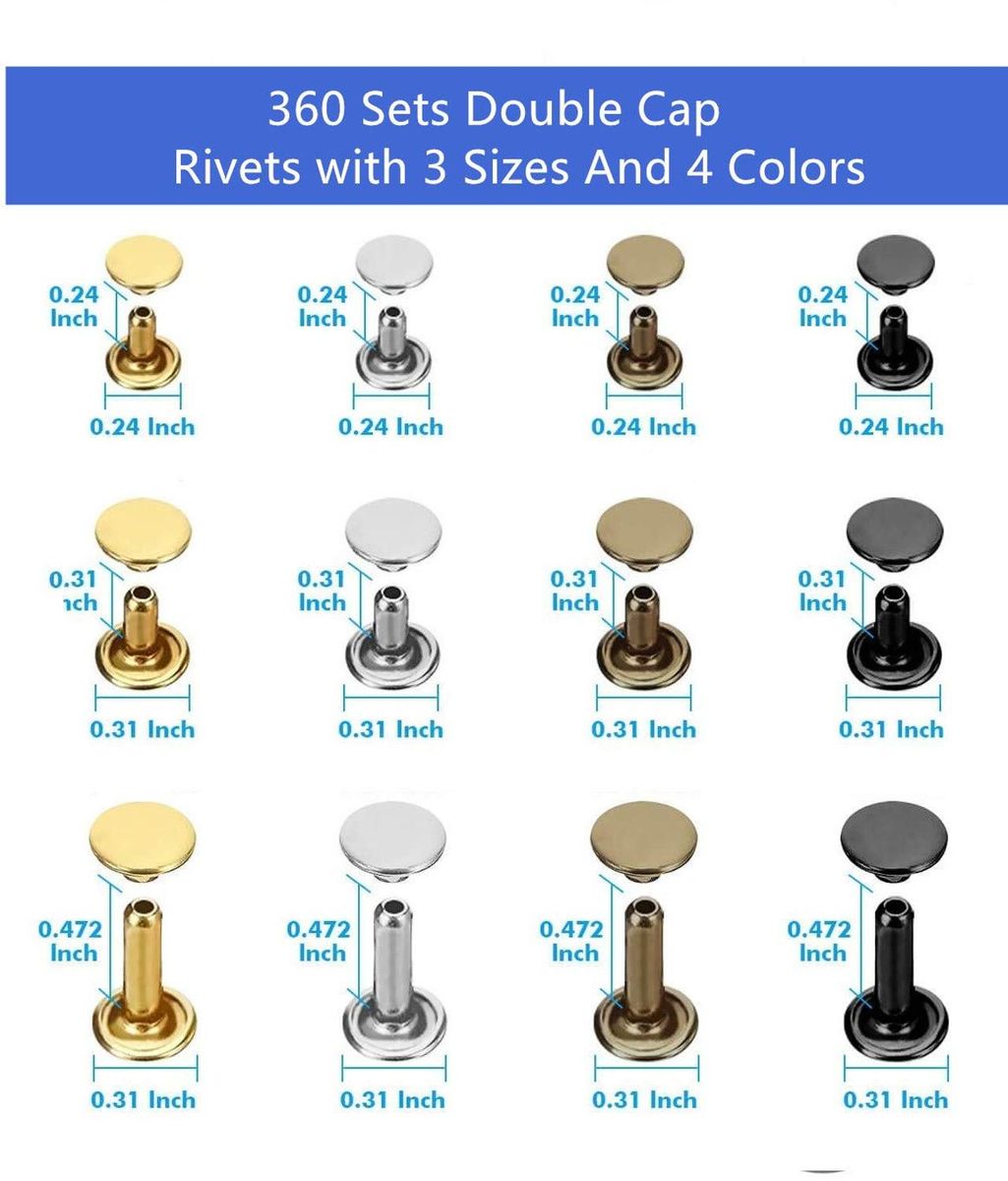 Leather Rivets Kit,360 Sets Double Cap Brass Rivets Leather Studs