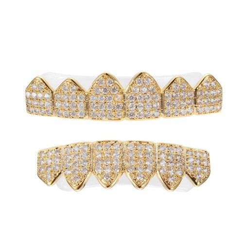 Gold Silver Plated Custom Slugs Hip Hop Top Bottom Mouth Teeth Grills Set Gold (gold)