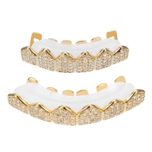 Gold Silver Plated Custom Slugs Hip Hop Top Bottom Mouth Teeth Grills Set Gold (gold)