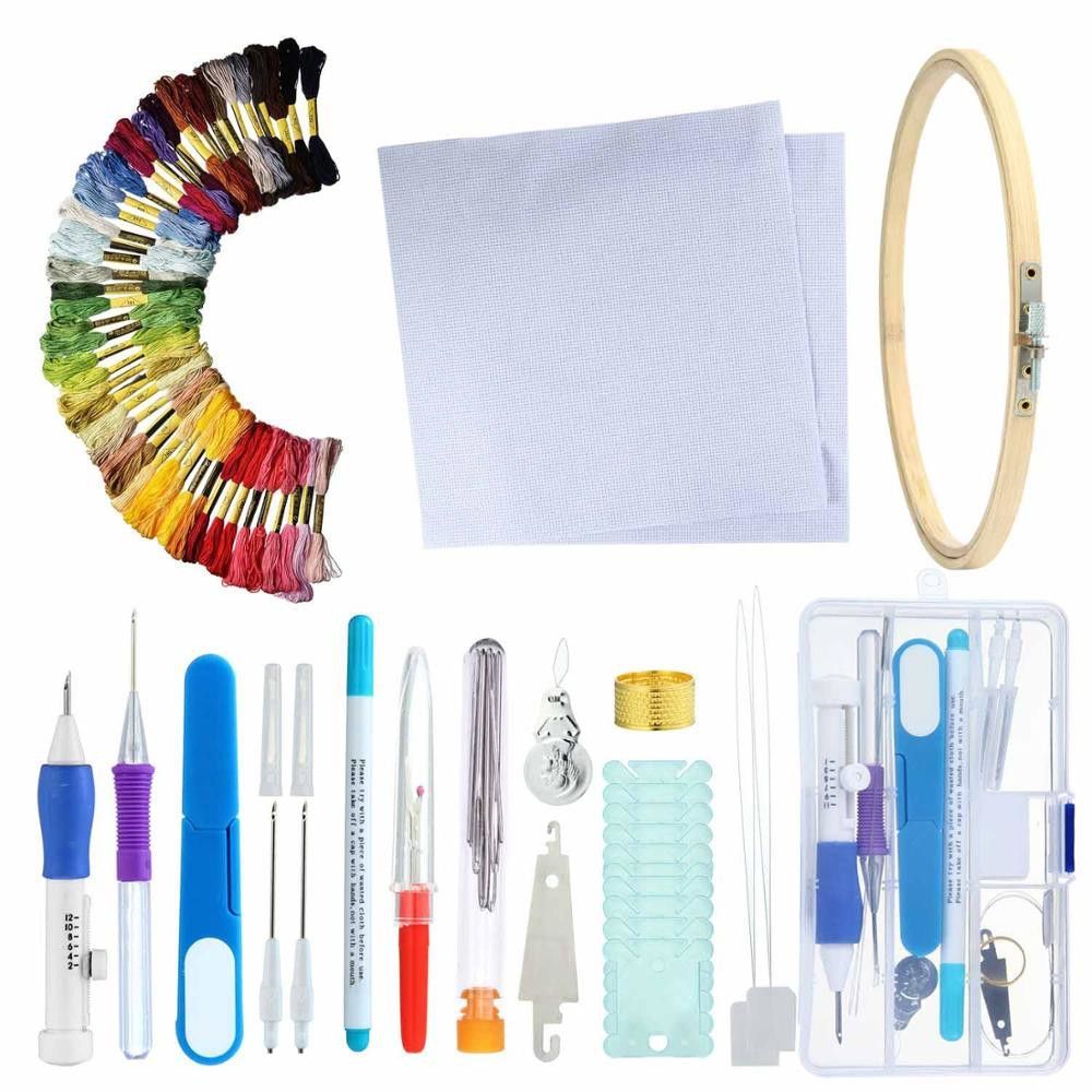50Colors Skeins Embroidery Pen Needle Set Thread Punch Stitching Knitting Kit Women Mom DIY Sewing Accessories With Tweezer A