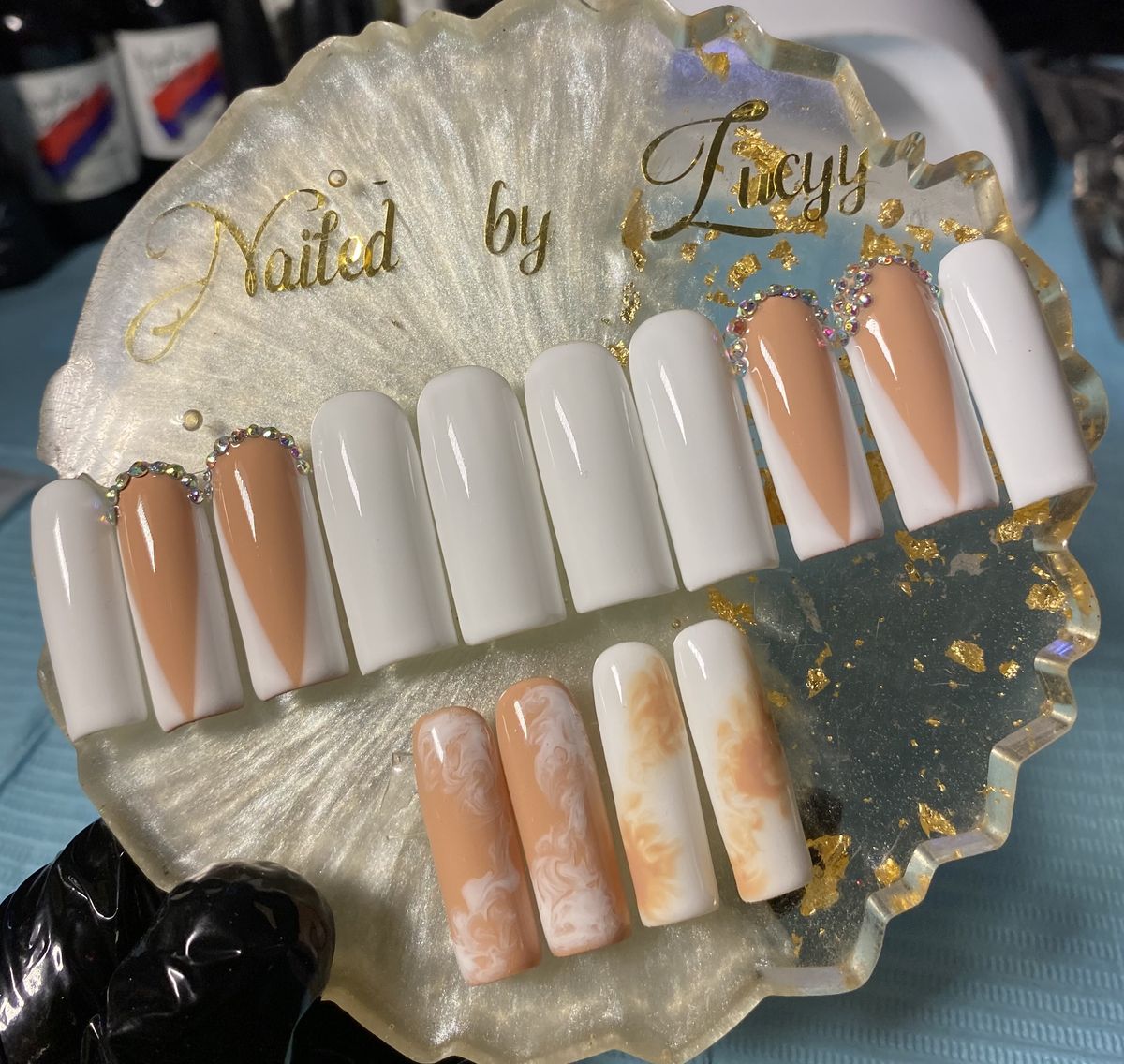 French Tips Marble Design Press On Nails +application Kit