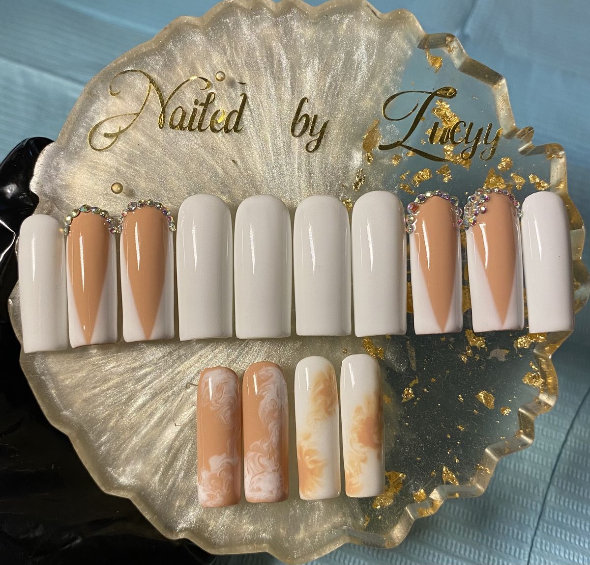 French Tips Marble Design Press On Nails +application Kit