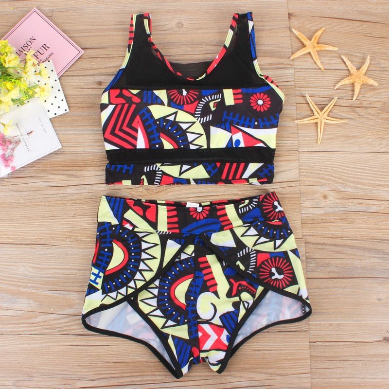 2019 Women High Waist Neck Mesh Bikini Swimsuits 3XL Plus Size Swim Wear Bathing Suit African Print Biquini Two 2 Piece Swimwear(mesh Swimsuit)