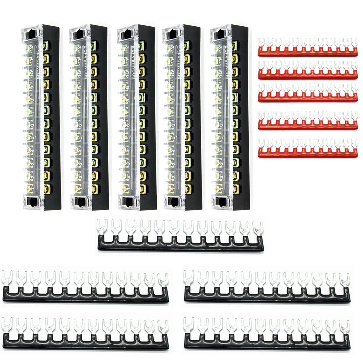 10pcs(5 Sets)-5pcs 600V 15A 12 Positions Double Row Screw Terminal Strip with Cover+5pcs 600V 15A 12 Positions Black Red Pre-Insulated Terminal Barrier Strip