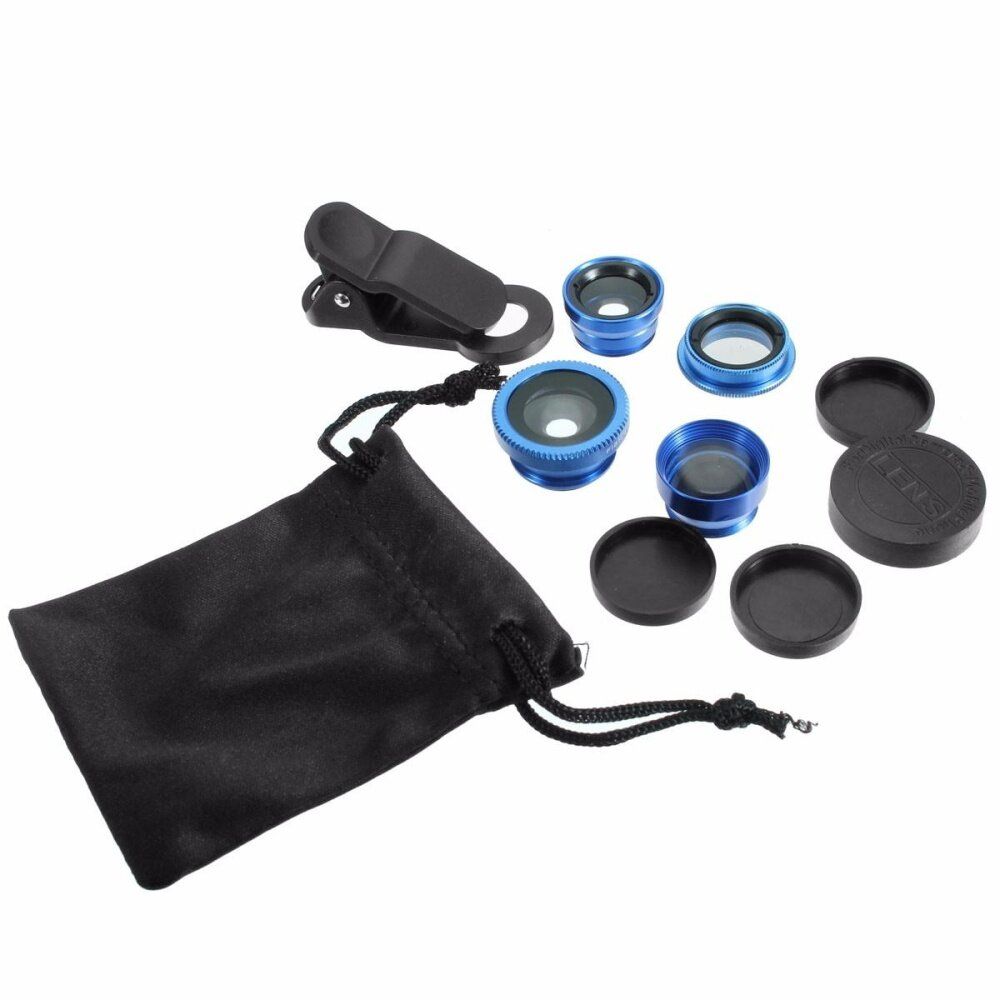 Universal 5In1 Clip Camera Kit Tele Phone Lens CPL Fisheye Wide Angle 2.0X Macro Blue