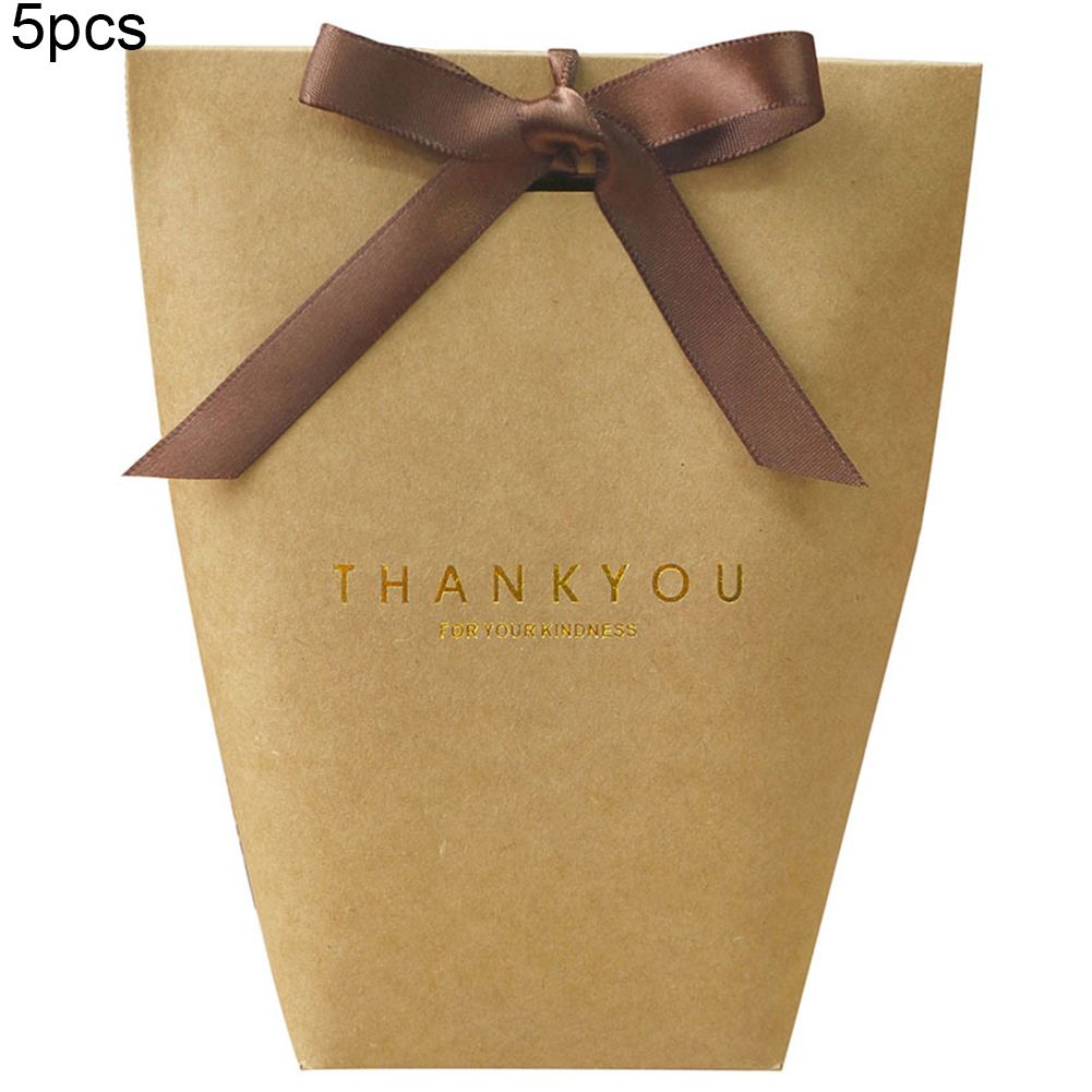 5Pcs Folding Paper Bags Ribbon Box Thank You Wedding-Brown