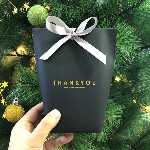 5Pcs Folding Paper Bags Ribbon Box Thank You Wedding-Black