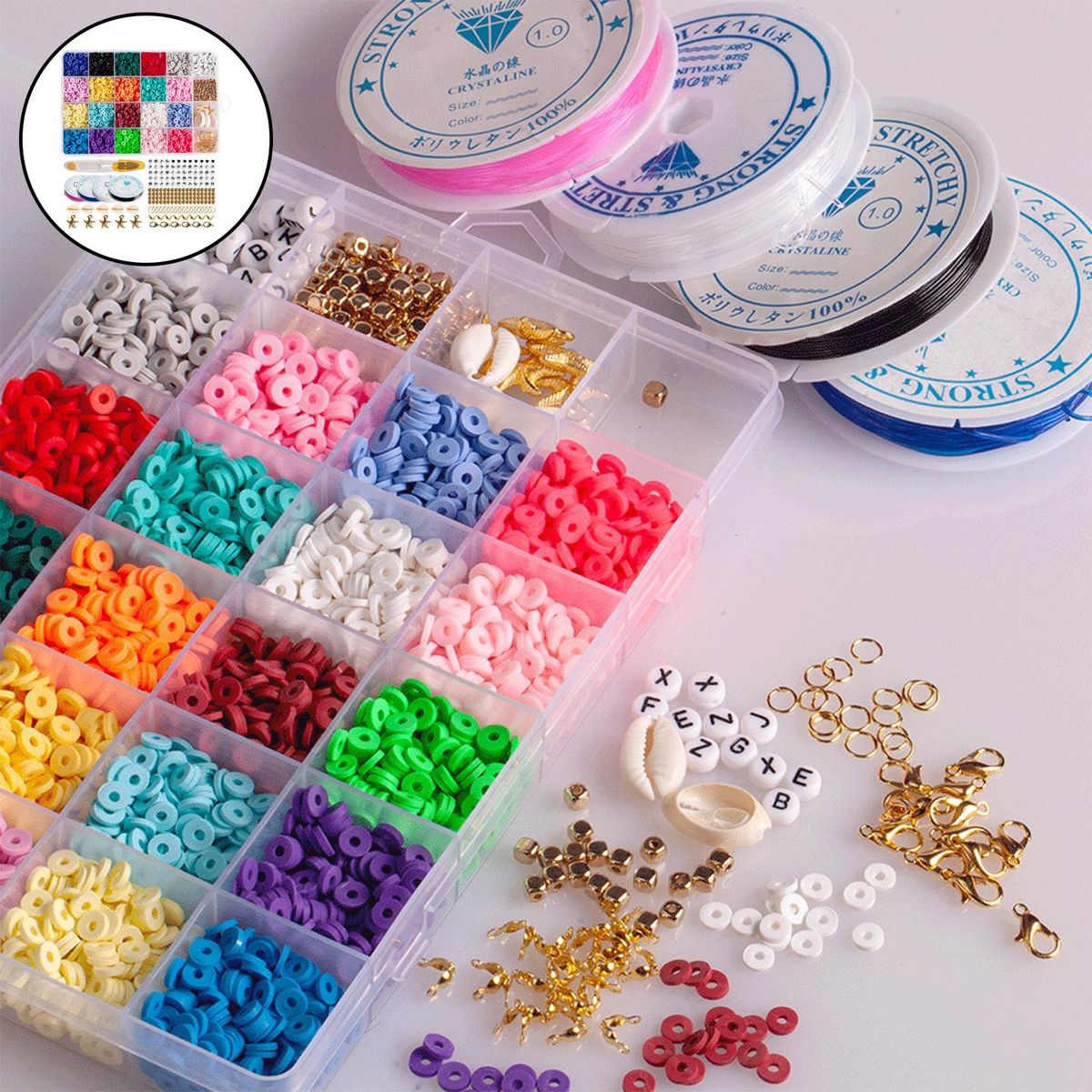 Round Polymer Clay Beads Charms Elastic Strings 4285pcs