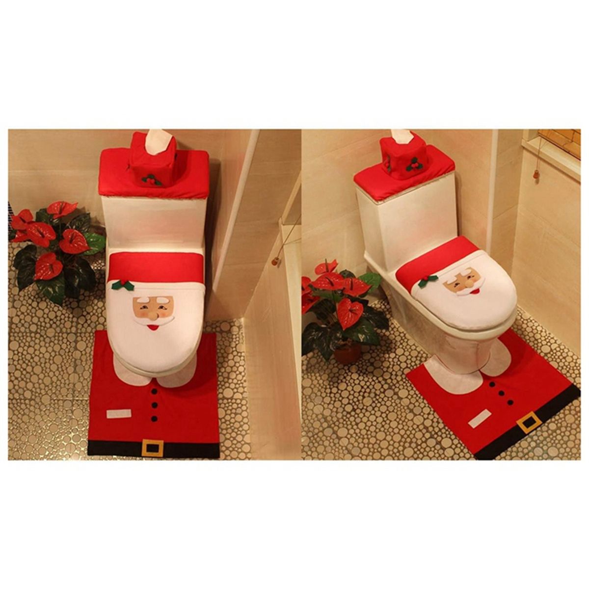 3Pcs, Santa Toilet Seat Cover and Rug Set for Christmas Bathroom Deco