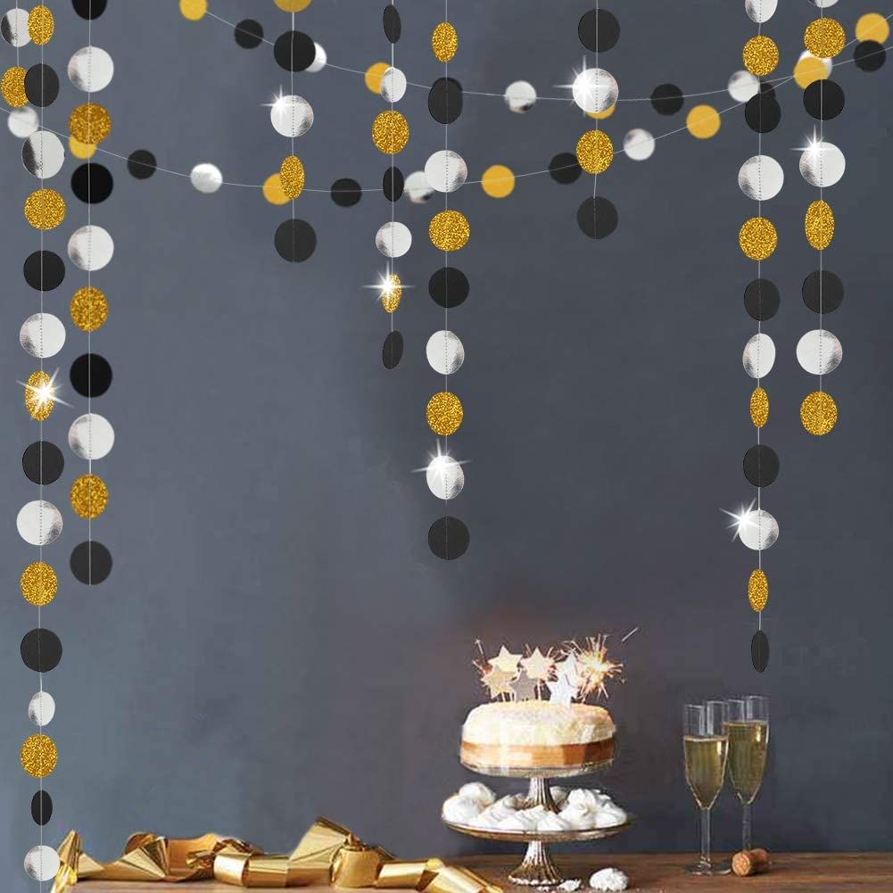 13Ft Twinkle Iridescent Paper Star Round Garlands Flash Banner Happy-Black Silver Dot